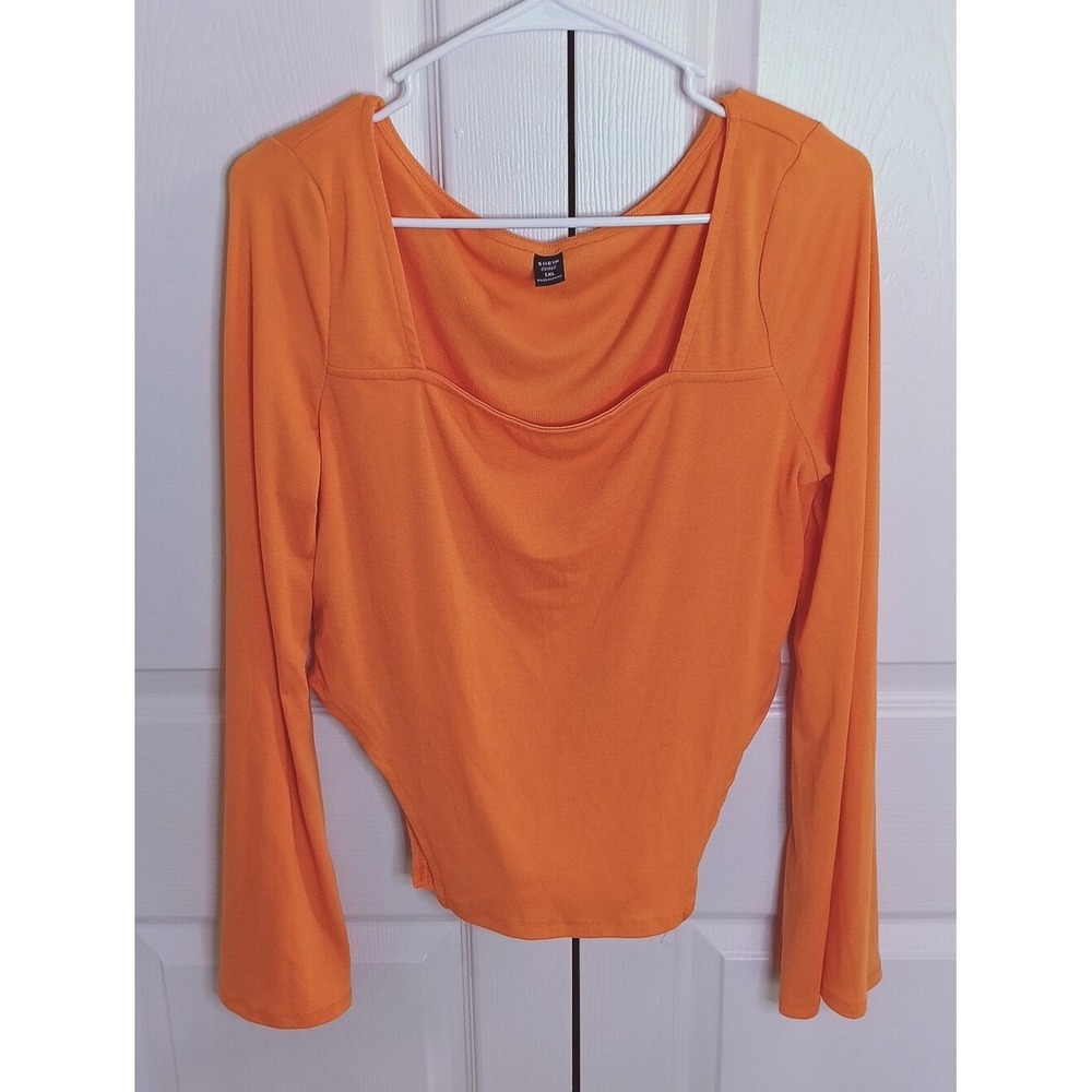 SHEIN Curve Ribbed Square Neck Top Women 1XL Orange Excellent Split Cuff Cropped
